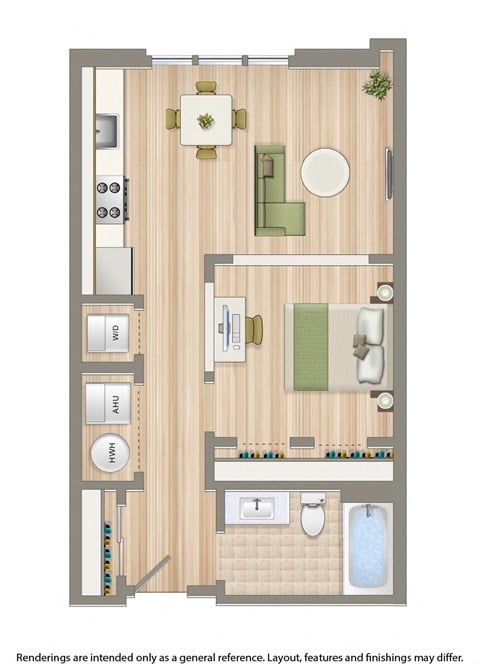 Floor plan for 1 bed, 1 bath, 538 sqft